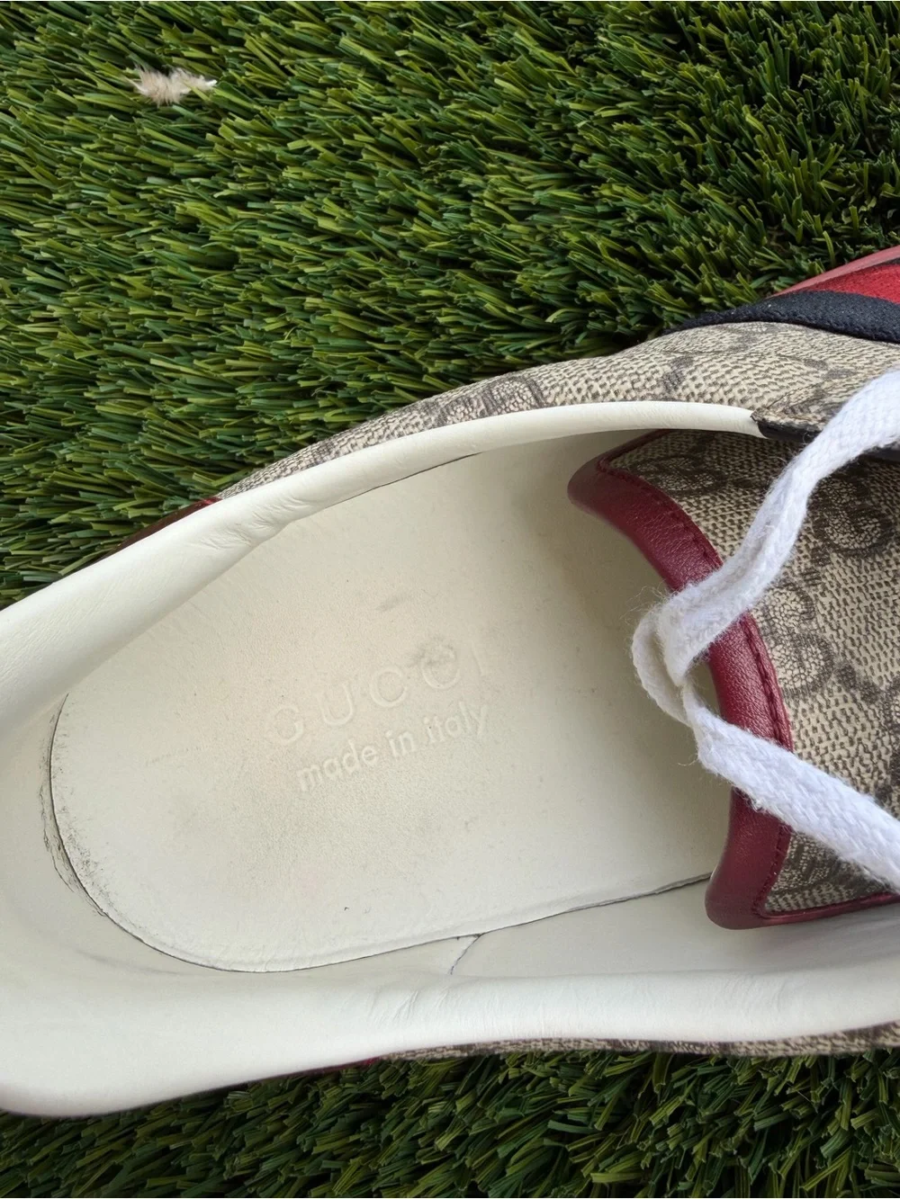 Gucci Beige GG Canvas Sneakers with Red & Navy Web Stripe